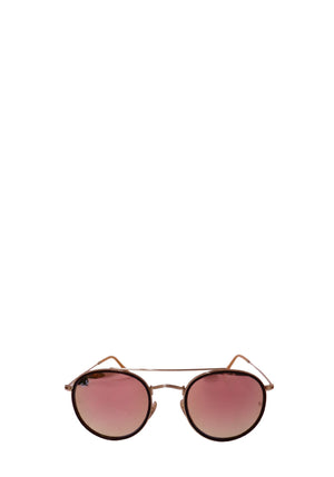 Authentic Ray-Ban round sunglasses with a rose gold metal frame and mirrored green-pink gradient lenses.