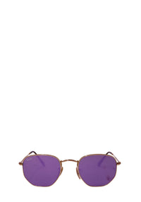 Ray-Ban gold metal hexagonal sunglasses with purple lenses displayed on a white background.