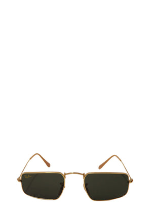 Authentic Ray-Ban gold metal rectangle sunglasses with classic green G-15 lenses and slim metal temples.