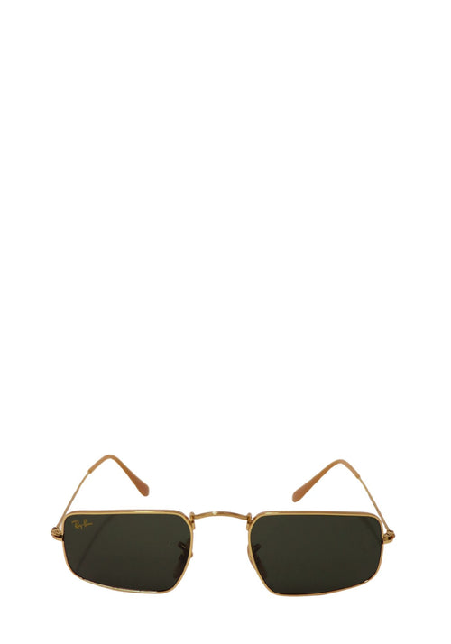 Authentic Ray-Ban gold metal rectangle sunglasses with classic green G-15 lenses and slim metal temples.
