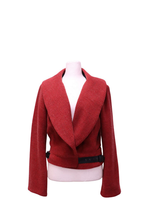 Vivienne Westwood deep red cropped tailored jacket featuring an oversized shawl collar, long sleeves, textured wool-like fabric, fitted waist and contrasting black adjustable belt
