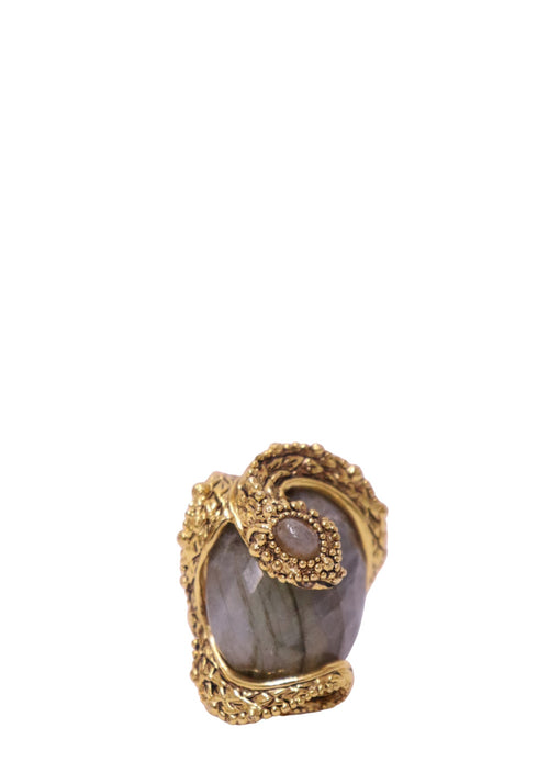 Oversized antique gold-tone statement ring featuring a large polished grey marbled stone with dark veining, ornate sculptural metalwork, beaded embellishments and a smaller oval cabochon-style accent