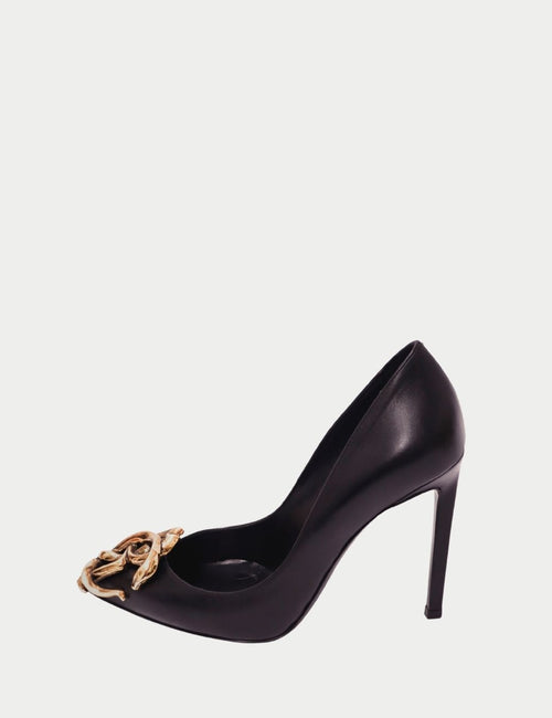 Roberto Cavalli black leather pumps with gold serpent embellishment and high stiletto heel