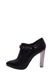 Roberto Cavalli black leather heeled ankle boot featuring a rounded almond toe, silver-tone studded strap and high metallic block heel with a hexagonal honeycomb pattern.