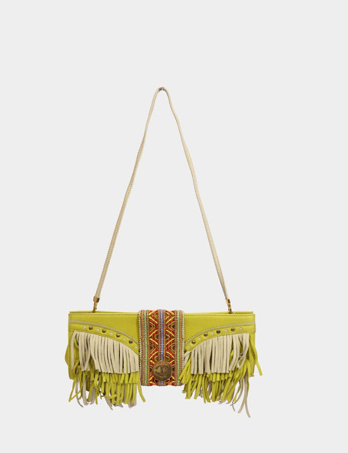 "Roberto Cavalli lime green boho shoulder bag with cream fringe, multicolor embroidery, and gold medallion logo on white background."

