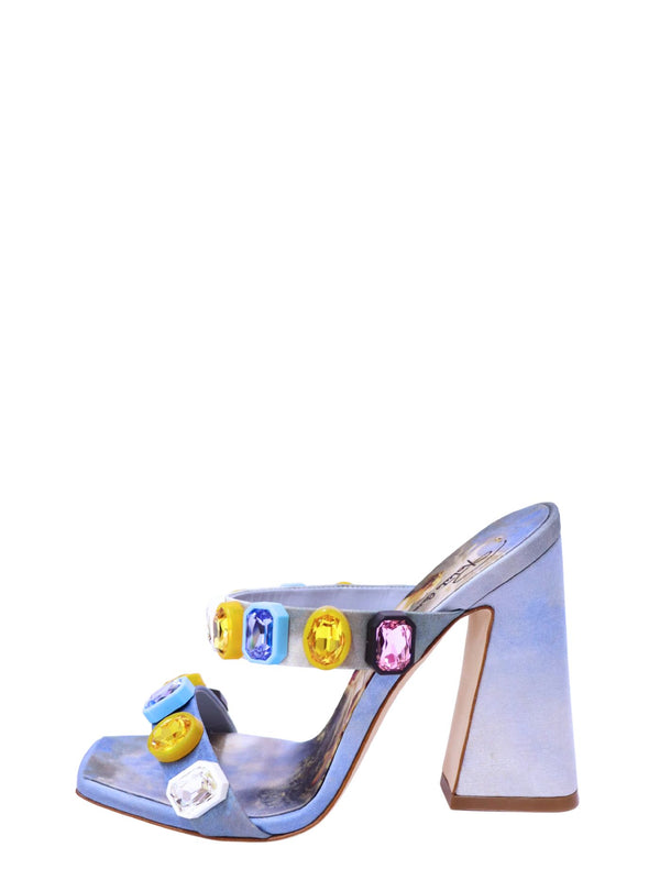 Roberto Cavalli blue satin mule sandals with multicolored jewel embellishments and high block heel