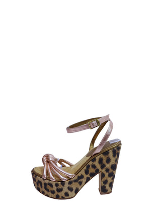 Authentic Roberto Cavalli leopard print platform sandals with metallic pink leather straps, knotted front detail, and chunky block heels