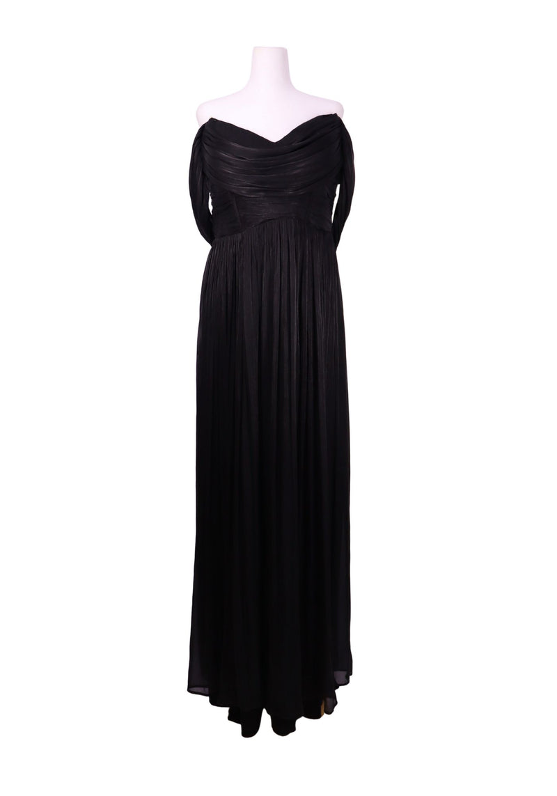 Ross Hill black off-shoulder pleated evening gown with draped bodice and flowing maxi skirt 
