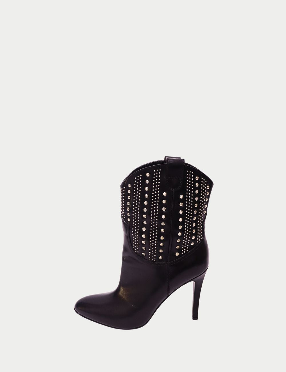 Rock chic meets Parisian elegance with these Saint Laurent studded ankle boots, crafted in smooth black leather and detailed with bold silver-tone studs in vertical rows. Featuring a sleek pointed toe, high stiletto heel, and pull-on style with side tabs,