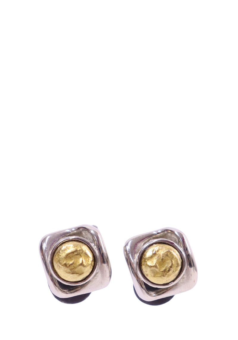 Saint Laurent clip-on earrings featuring a sculptural square-shaped silver-tone frame with textured gold-tone center accents
