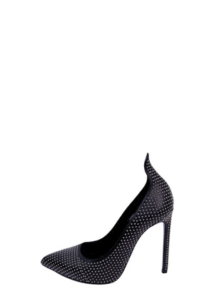 Saint Laurent black suede pointed-toe pumps embellished with sparkling crystal studs and finished with high stiletto heels
