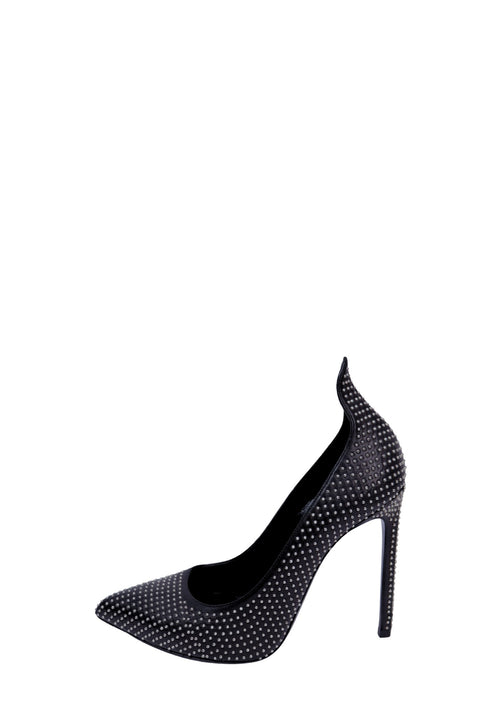 Saint Laurent black suede pointed-toe pumps embellished with sparkling crystal studs and finished with high stiletto heels