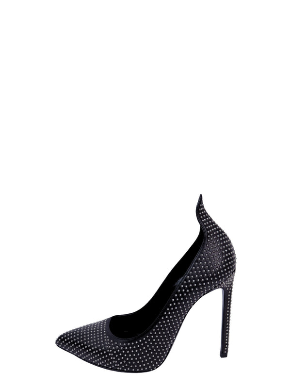 Saint Laurent black suede pointed-toe pumps embellished with sparkling crystal studs and finished with high stiletto heels