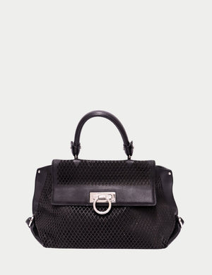 Salvatore Ferragamo black textured leather handbag with silver Gancini clasp and top handle