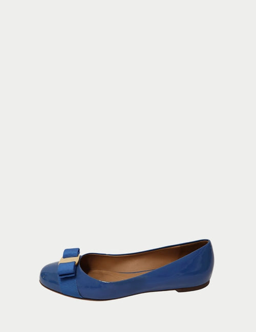 Salvatore Ferragamo blue patent leather ballet flat with signature Vara bow