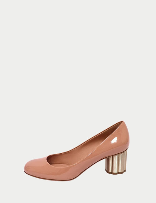 Salvatore Ferragamo nude patent leather pumps with rounded toe and gold block heel