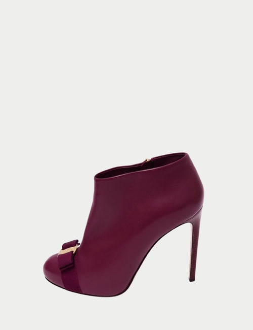 Salvatore Ferragamo burgundy leather ankle boots with Vara bow detail and high stiletto heel