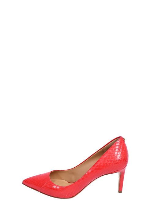 Salvatore Ferragamo bright red python-embossed leather pumps with pointed toe and mid-height stiletto heel.