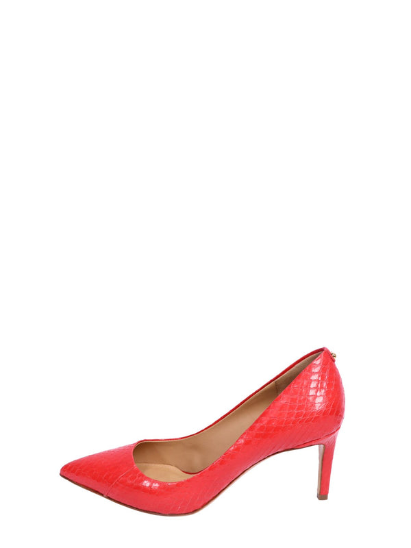 Salvatore Ferragamo bright red python-embossed leather pumps with pointed toe and mid-height stiletto heel.