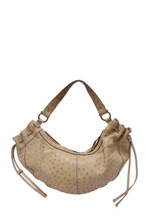 Authentic Salvatore Ferragamo beige genuine ostrich leather hobo shoulder bag with adjustable shoulder strap and side drawstring details.