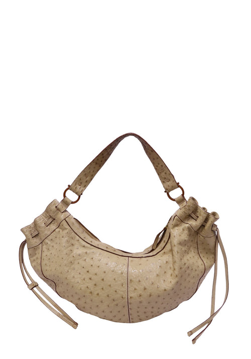 Authentic Salvatore Ferragamo beige genuine ostrich leather hobo shoulder bag with adjustable shoulder strap and side drawstring details.