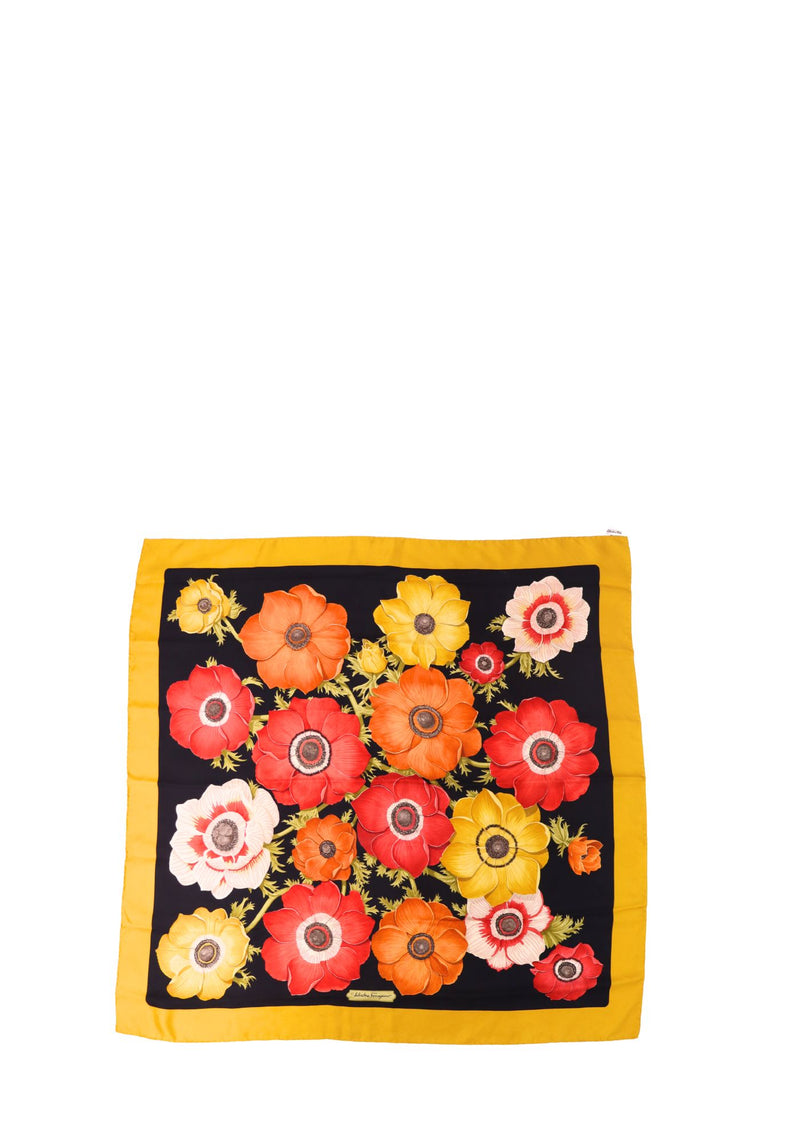 Salvatore Ferragamo silk square scarf with vibrant floral print and yellow border detailing.