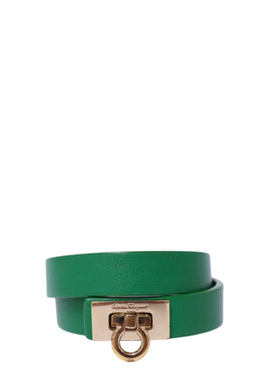 Salvatore Ferragamo green leather Gancini double-wrap bracelet with gold-tone hardware