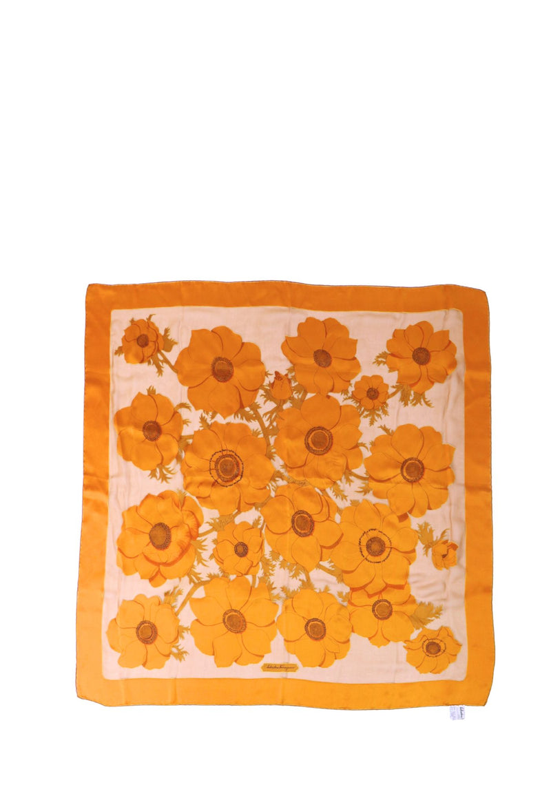 Salvatore Ferragamo silk square scarf with vibrant orange floral print and golden yellow border.