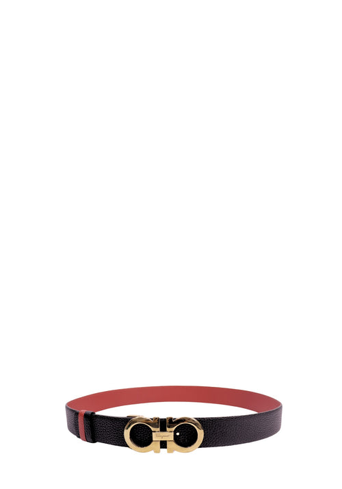 Salvatore Ferragamo reversible leather belt featuring black and red leather, iconic gold-tone Gancini buckle, adjustable fit, and luxury designer craftsmanship