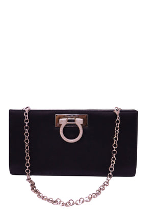 Salvatore Ferragamo black evening clutch with silver-tone Gancini hardware and chain shoulder strap