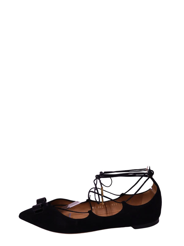 Salvatore Ferragamo black suede pointed-toe ballet flats with bow and ankle ties