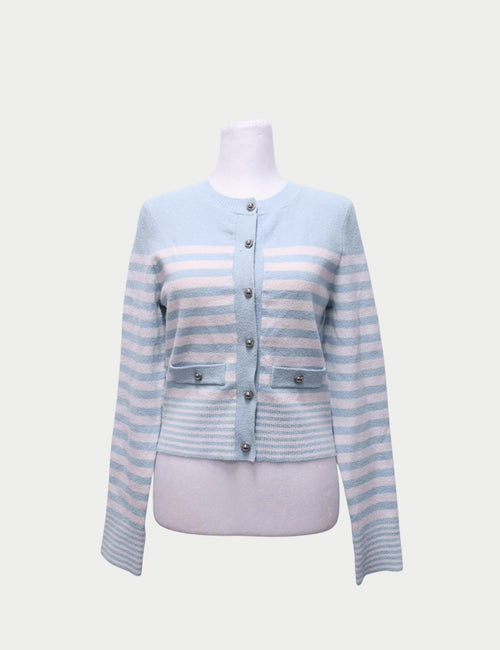 Light blue and cream striped Sandro Paris wool cardigan with pearl buttons and front pockets