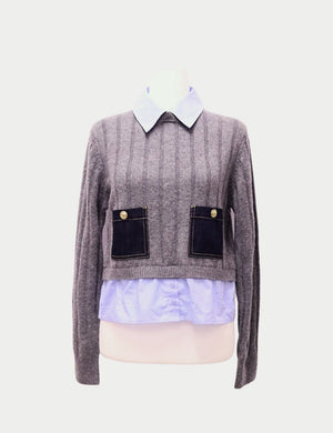 Grey Sandro Paris ribbed sweater with blue collar and denim pockets featuring gold buttons