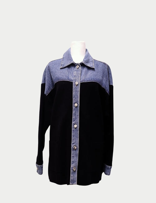 Sandro Paris Black and Blue Half-Denim Contrast Jacket with Button Closure