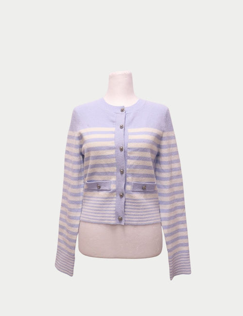 Light blue and cream striped Sandro Paris wool cardigan with pearl buttons and front pockets