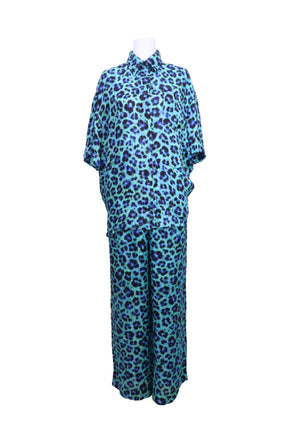 Sandro blue leopard print two-piece set featuring an oversized button-front shirt and matching wide-leg pants
