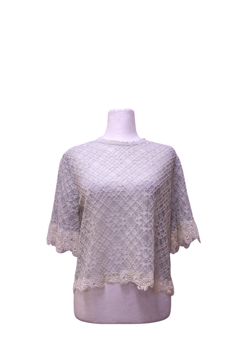 Authentic Sandro Paris cream floral lace short sleeve blouse featuring a round neckline, semi-sheer lace construction, and scalloped eyelash lace hem