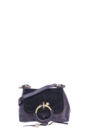 See by Chloé Mini Joan navy leather and suede crossbody bag featuring gold-tone ring hardware, braided leather detail, key charm, and shoulder strap