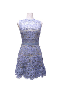 Self-Portrait powder blue floral guipure lace mini dress featuring a sleeveless high neckline, intricate embroidered floral motifs, fitted waist and scalloped hem.