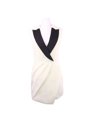 Self-Portrait white textured dress with black lapel detail and wrap-style silhouette