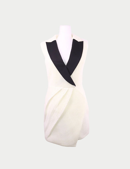 Self-Portrait white textured dress with black lapel detail and wrap-style silhouette