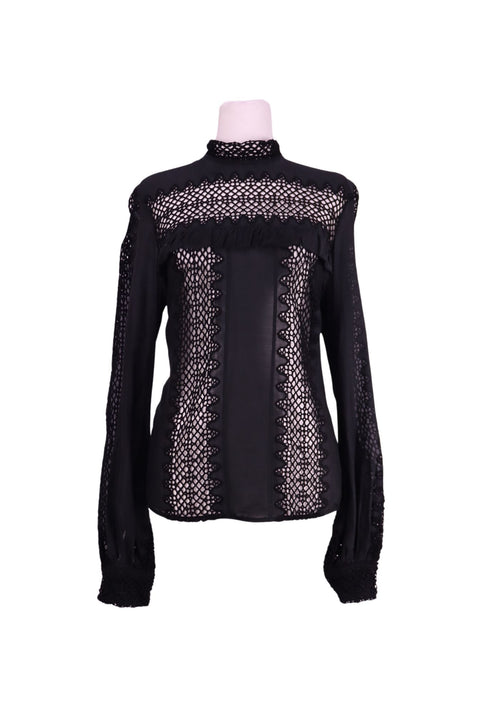 Self-Portrait black sheer lace blouse with high neckline and long sleeves