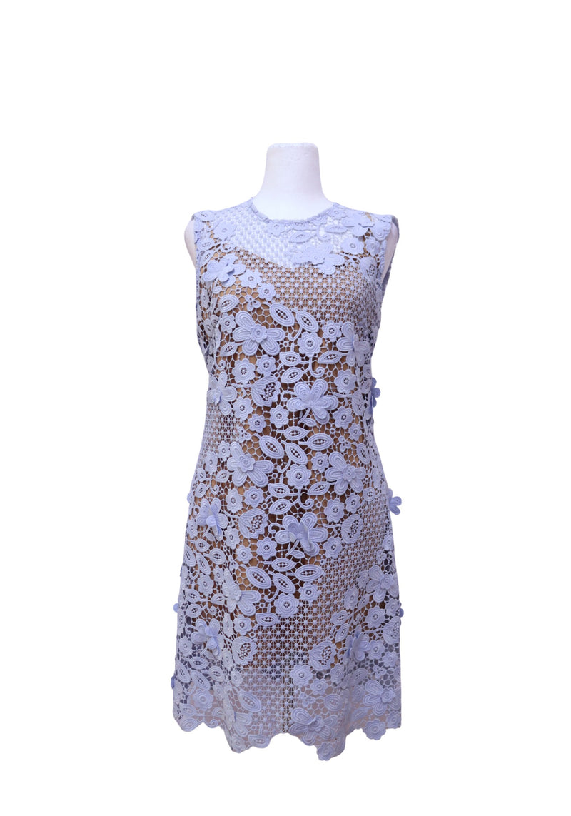 Authentic Self-Portrait baby blue sleeveless mini dress featuring intricate floral guipure lace, a round neckline, scalloped hem, and an A-line silhouette