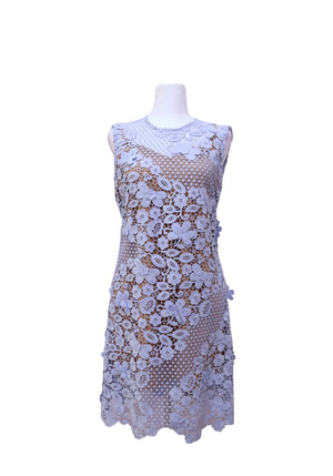 Authentic Self-Portrait baby blue sleeveless mini dress featuring intricate floral guipure lace, a round neckline, scalloped hem, and an A-line silhouette
