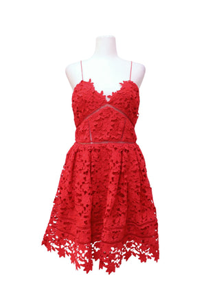 Self-Portrait red floral guipure lace mini dress with sweetheart neckline and double spaghetti straps