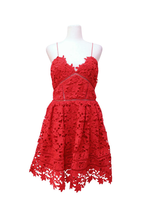 Self-Portrait red floral guipure lace mini dress with sweetheart neckline and double spaghetti straps