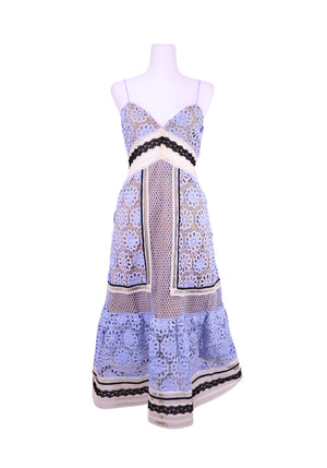 Self-Portrait blue lace midi dress with contrast black and cream trim and flared hem
