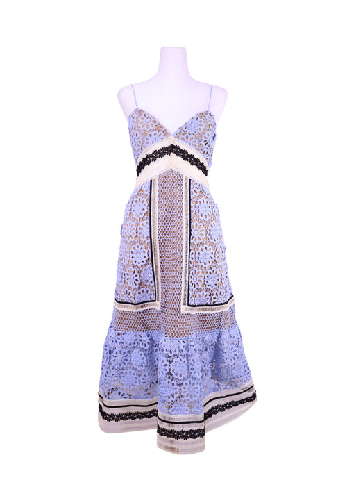Self-Portrait blue lace midi dress with contrast black and cream trim and flared hem
