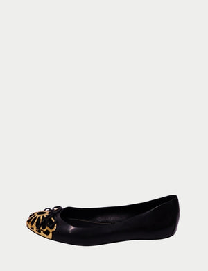 Sergio Rossi black leather ballet flat with gold tone decorative toe detail