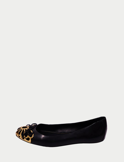 Sergio Rossi black leather ballet flat with gold tone decorative toe detail